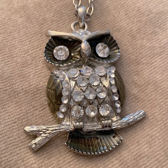 ✅Adorable Owl 🦉 pendant necklace  in silver pewter finish. Adorned w/ crystals. - Picture 2 of 3